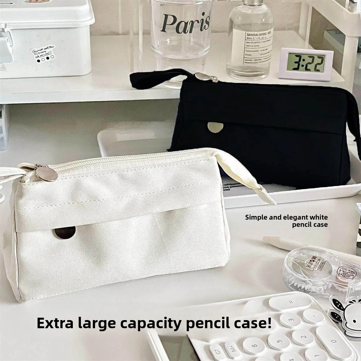 Large Capacity Single Color Canvas Pencil Case Simple Design for Students Multi Layer Storage Bag for Elementary And Middle S...