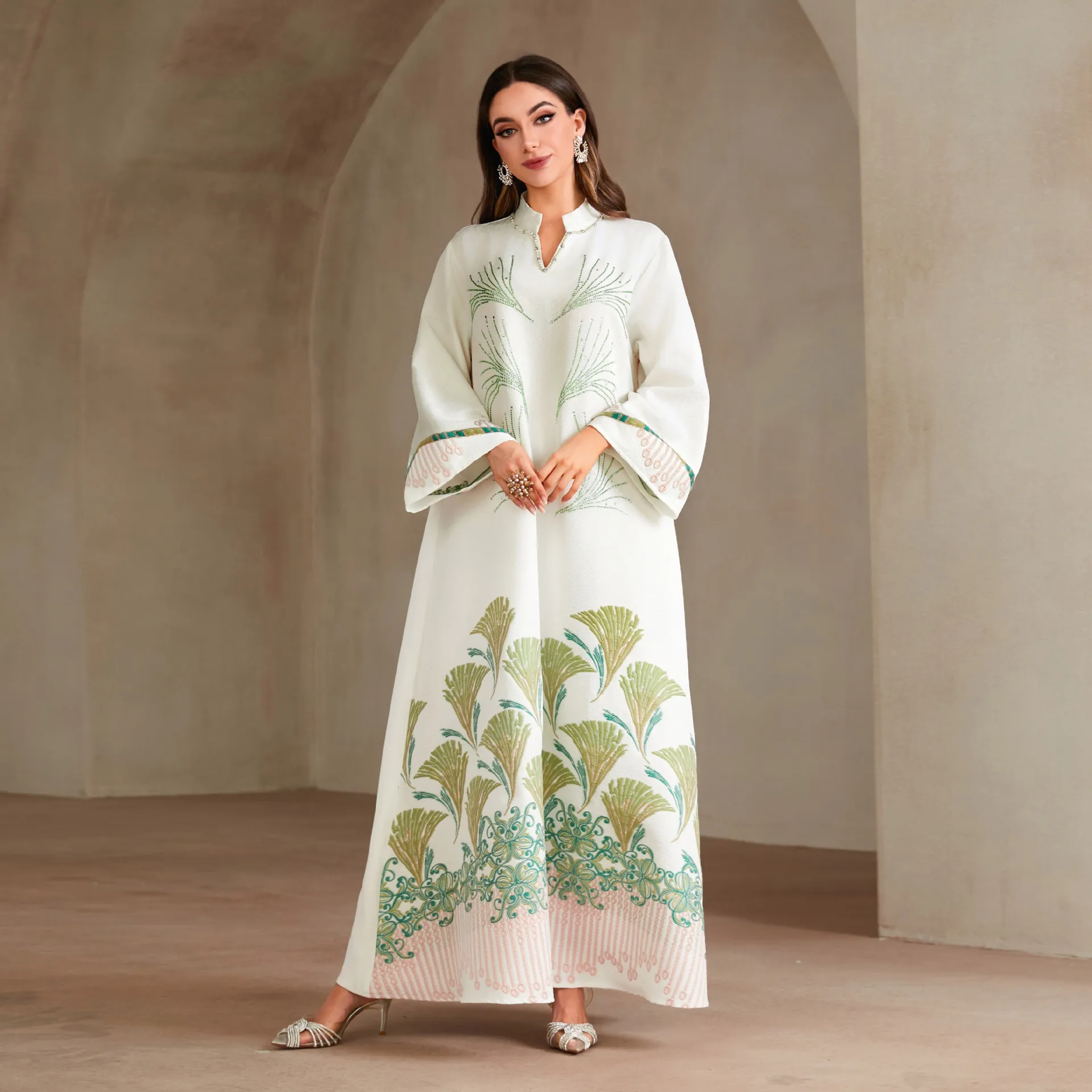 

Fashion Women's Diamond Studded Casual Trendy Eleganr Loose Long Sleeve V-neck Ankle Length Dress Abaya Female Jalabiya Clothes