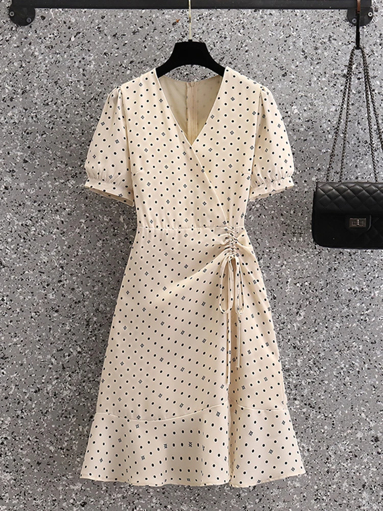 2024 Summer New Dot Draw String Chic Casual Dress Korean Chiffon Elegant Bodycon Midi Dress Women Hepurm Festival Evening Dress