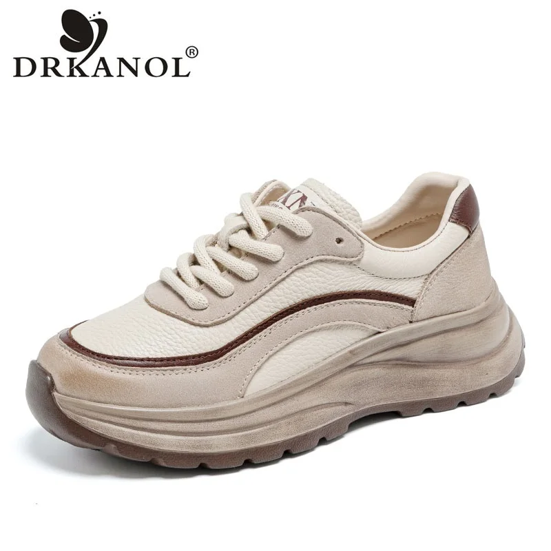 

DRKANOL Fashion Mixed Colors Genuine Leather Casual Sneakers Women Spring Autumn Thick Sole Platform Lightweight Ladies Shoes