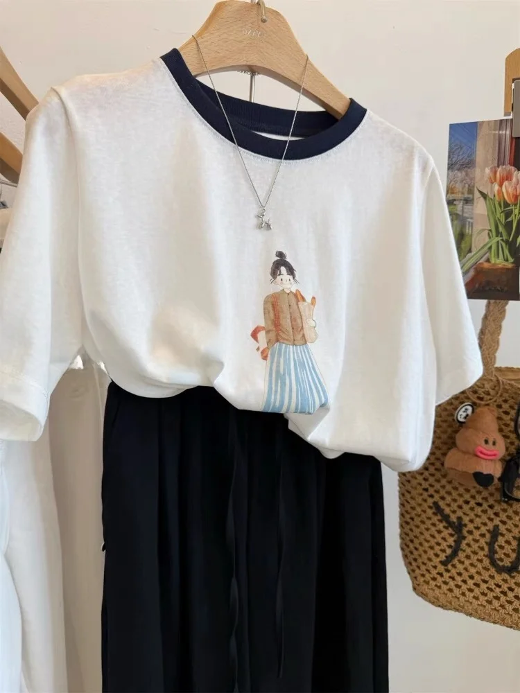 

Cartoon Print Color Blo Collar Snowflake Cotton ort Sve T-irt Women Summer Loose Slimming Lazy Sle Faionable Top