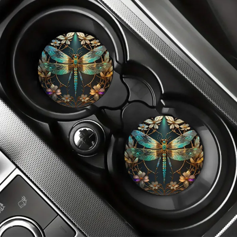 2pcs/set Round Green Dragonfly Car Coaster, Soft Faux Leather Dragonfly Car Accessories, Easy To Clean And Replace, Gift For Dra