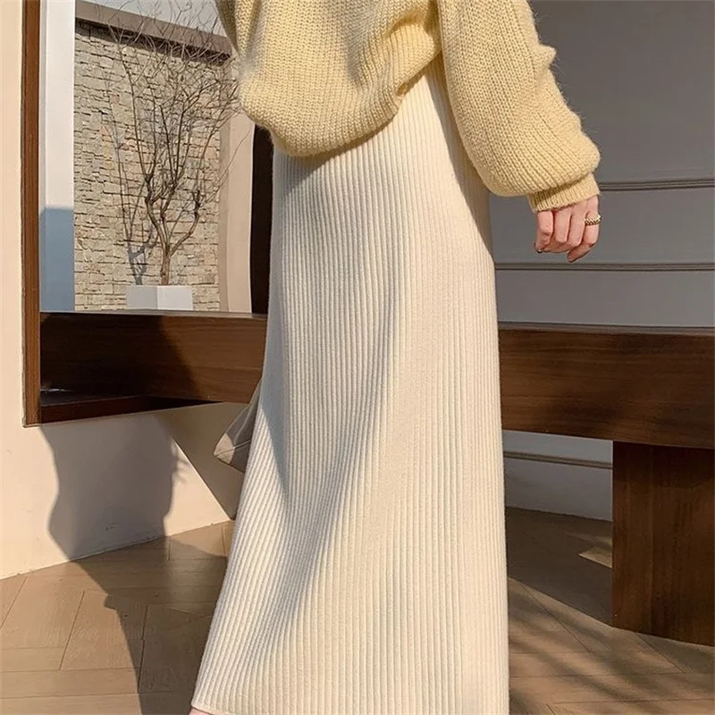Thick Knit Long Skirt Women Autumn Winter Women Bag Hip Fashion Zipper High Waist Knitted Loose Black Straight Apricot Skirts
