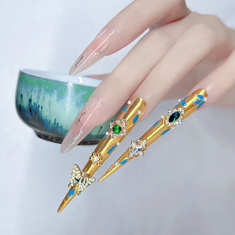 14개(긴 것 4개+짧은 것 10개) 수제 럭셔리 보석 - 이벤트용 반짝이는 리티니 네일 세트(인기 있는 키트보다 우수함)