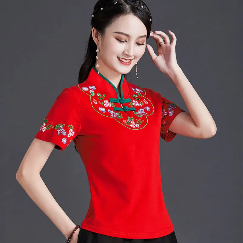 Chinese Style Clothing Women Vintage Floral Print Qipao Tops Hanfu Tee Shirt Qi Pao Tang Suit Blouse T-Shirt Cheongsam Top V1938