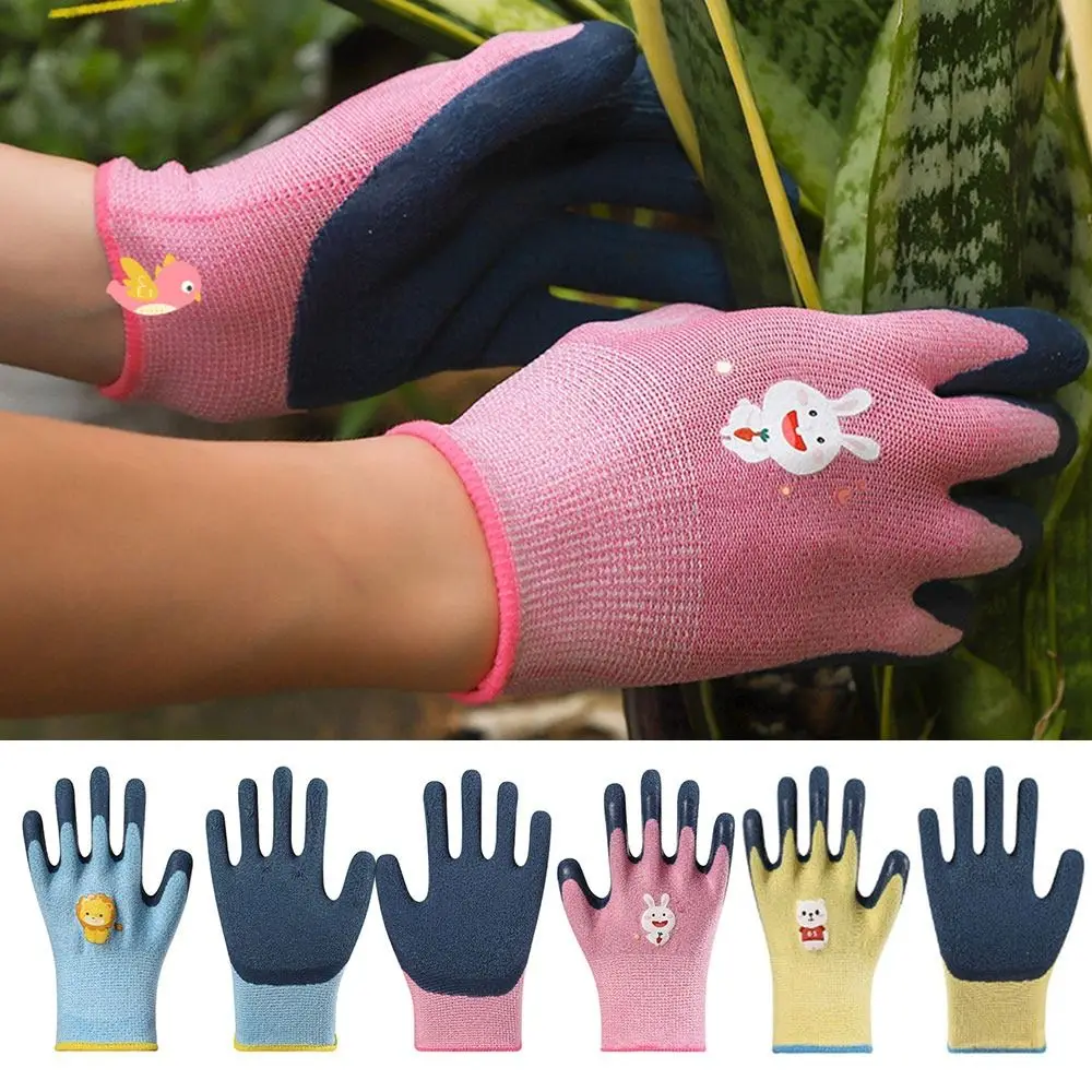 

Multi-purpose Kids Work Gloves Cartoon Animal Pink Blue Yellow Latex Coated Gloves Safety Thickening Gardening Glove Picking