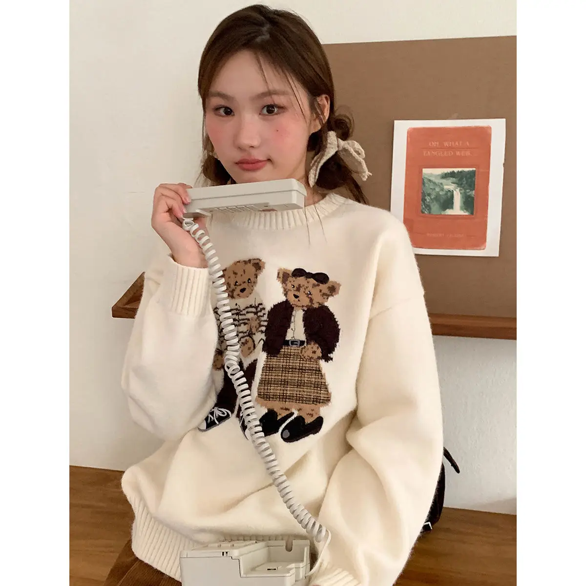 Moda adorável feminina dos desenhos animados jacquard camisola solta retro jumper inverno outono bonito urso padrão suéteres pulôver coreano na moda