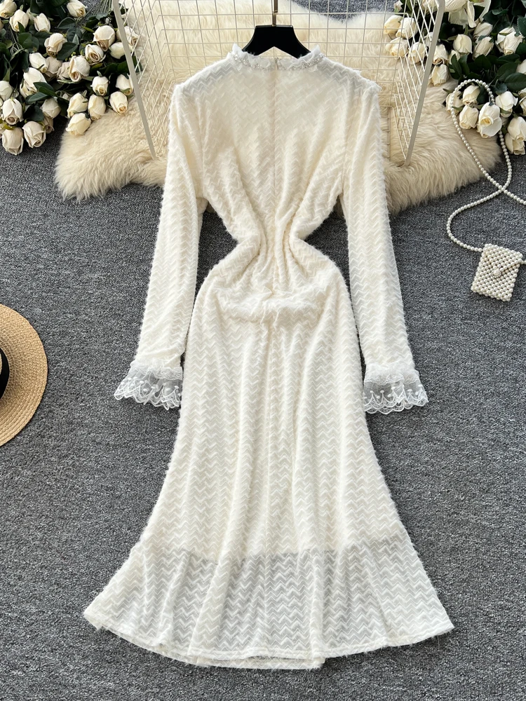 フレンチスレ ロングスベ レーストリム 重刺繍 レディース ドル 秋冬 ハイウエスト Aライン インナーウェア シー通勤