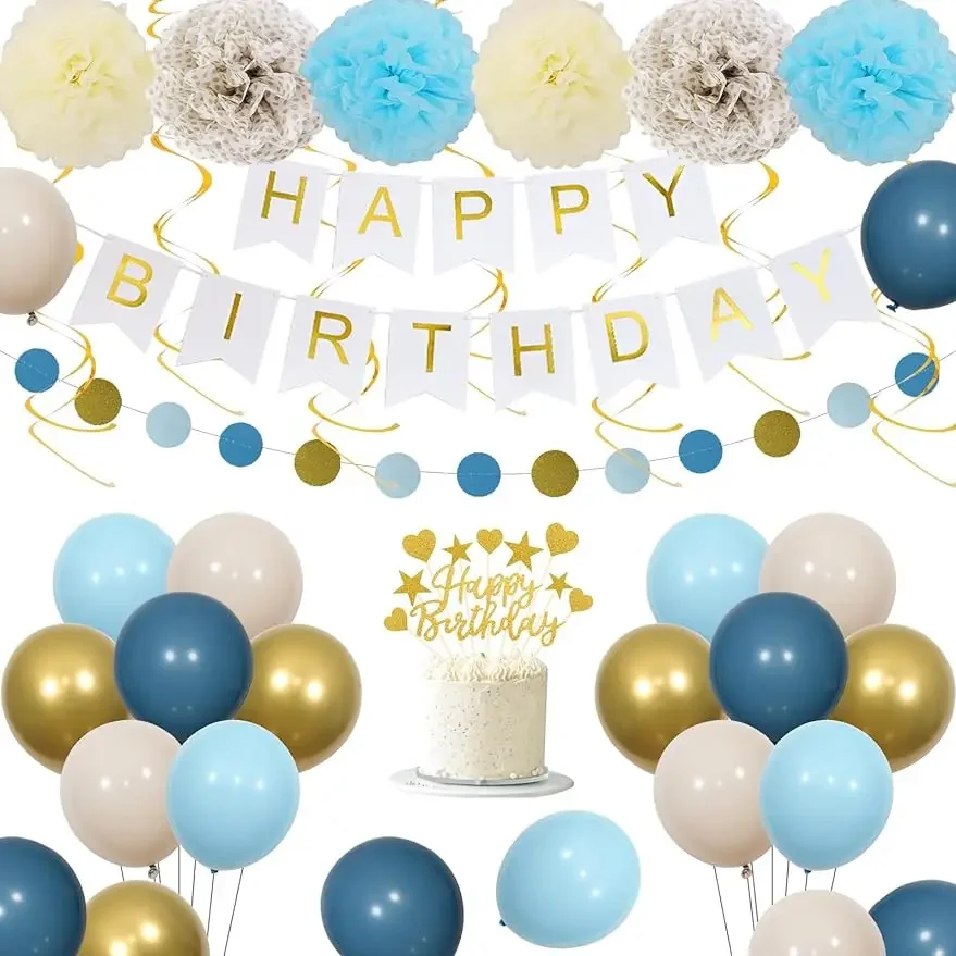 

FANGLELAND Birthday Decorations, Dusty Blue Banner Cake Topper Balloons Garland Arch Kit Hanging Swirls Party Supplies