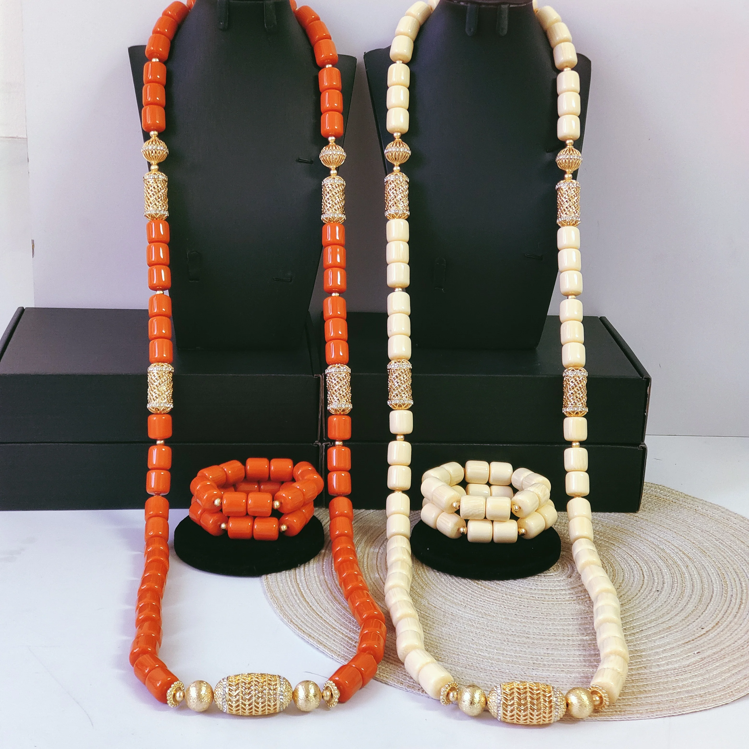 White/Orange Long Necklace Artificial Coral beads Jewelry Set for Men Nigerian Wedding Coral Bead Groom Sets