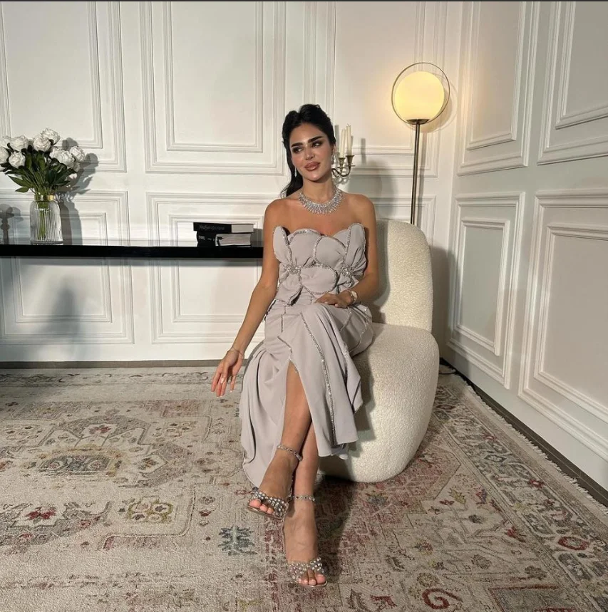 فساتين سهرة أنيقة مخصصة بدون حمالات فساتين حفلات على شكل زهرة بطول الكاحل مناسبة خاصة فساتين سهرة فاخرة