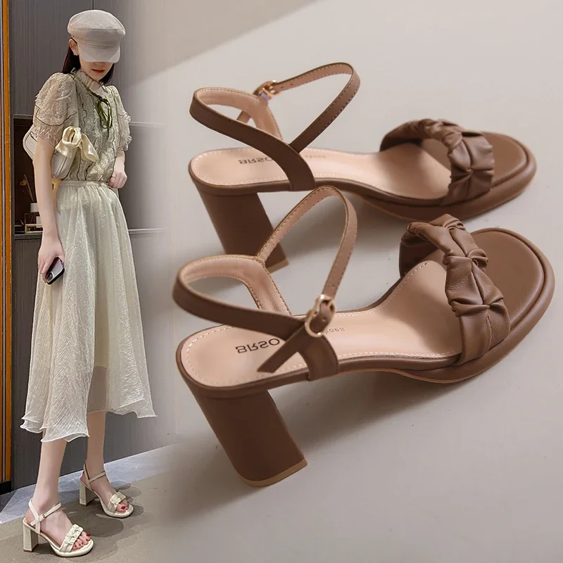 Fairy style thick high heels women's summer 2024 new one line strap with skirt Roman sandals