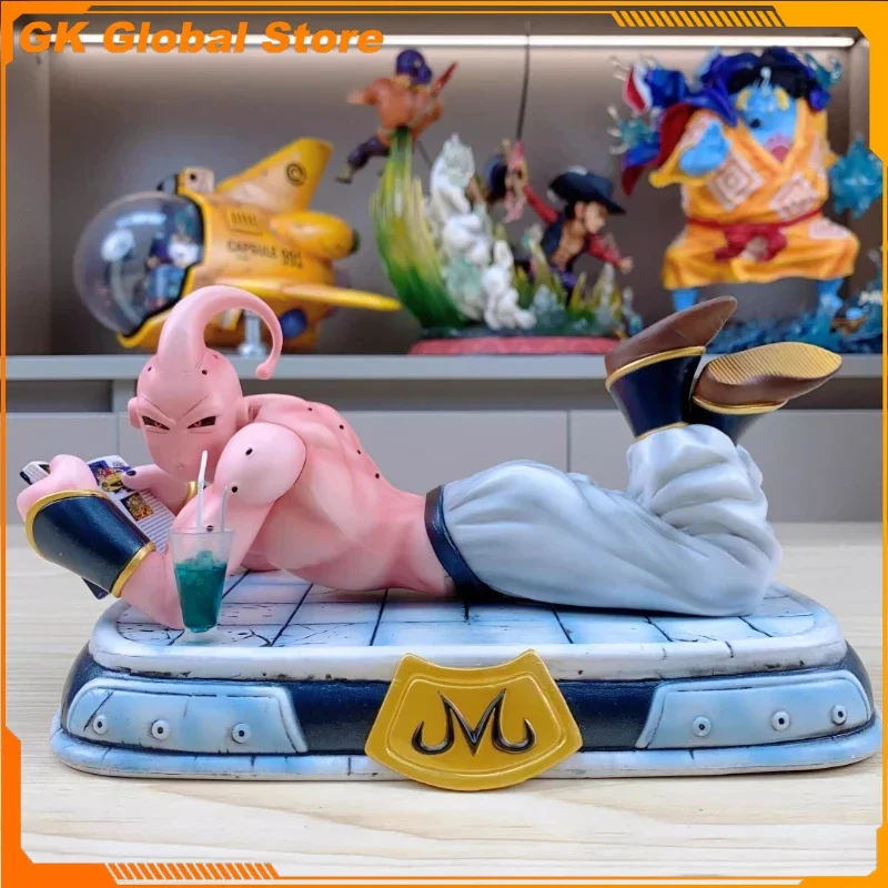

13cm New Dragon Ball Majin Buu Anime Figure Peripheral PVC Model Reading A Book Scene Statue Ornaments Kids Birthday Gifts Toys