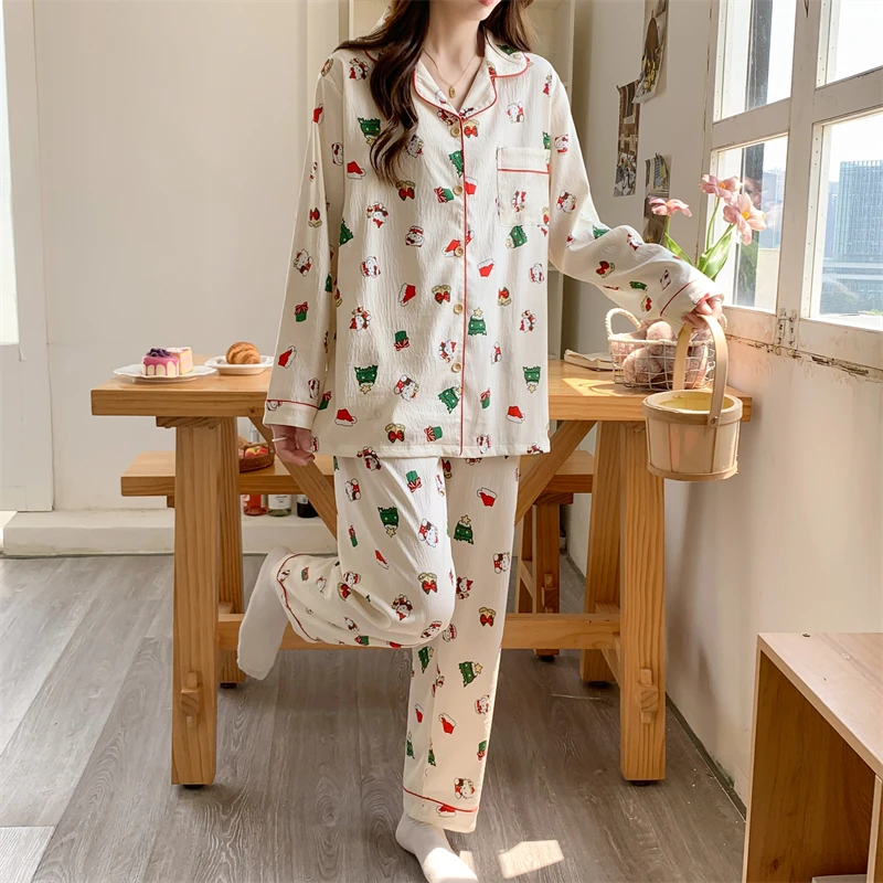 Christmas HelloKitty pajamas cotton long-sleeved trousers two-piece set cartoon Christmas tree loungewear Sanrio women\'s pajamas