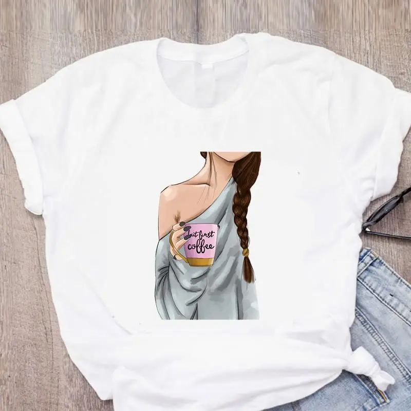 Nowa damska koszulka z nadrukiem, czysty krój, elegancka koszulka damska, fason A, materiał lniany.