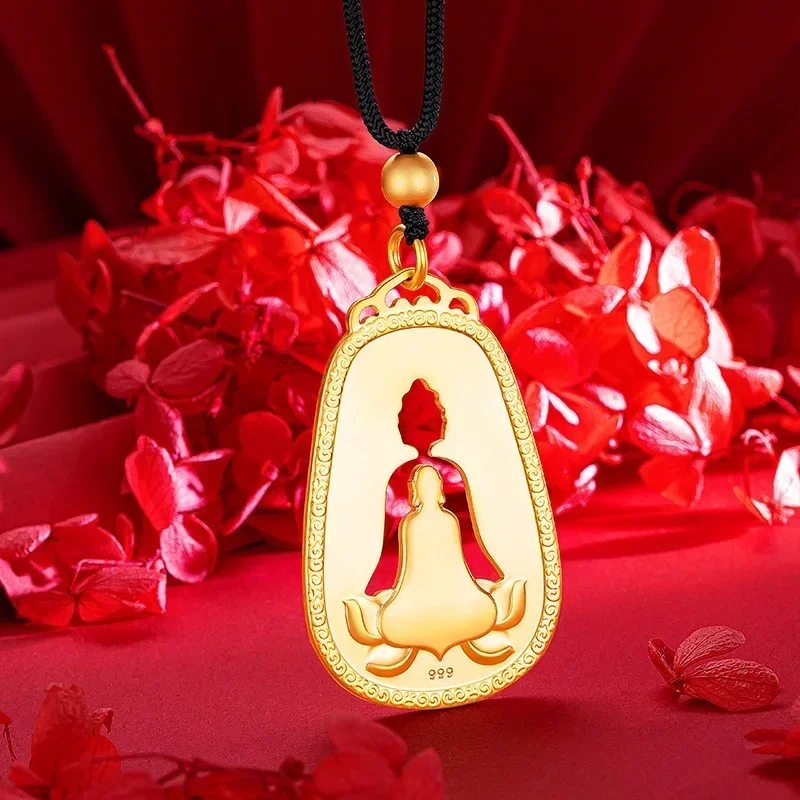 

9999 Real Gold Ethnic Style New Chinese Retro Gold Buddha Necklace Pendant Buddha Pendant Vietnamese Hollow Buddha Pendant