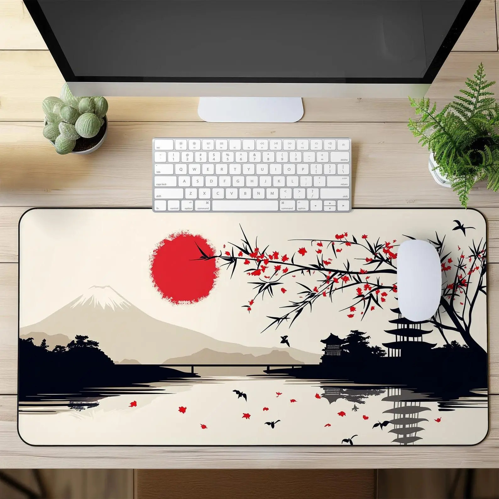 Black XXL Gaming Mouse Pad with Japanese Cherry Blossom Red Sun Pagoda Mount Fuji Design Large Desk Mat for Gamers