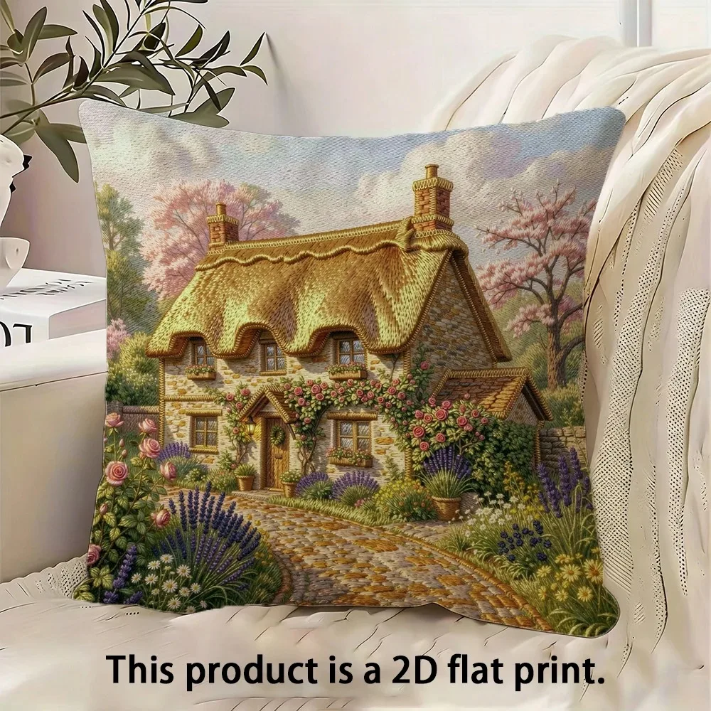 Cottagecore Thatched House Garden Cushion Cover Peach Skin 2D Flat Printed Spring Landscape Throw Pillowcase For Sofa Bed Decor