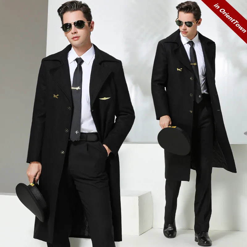 

Aviation Company Pilot Trench Coat Male Airline Captain Black Woolen Fabric Outwear Winter Thick Overcoat Security Work Uniform