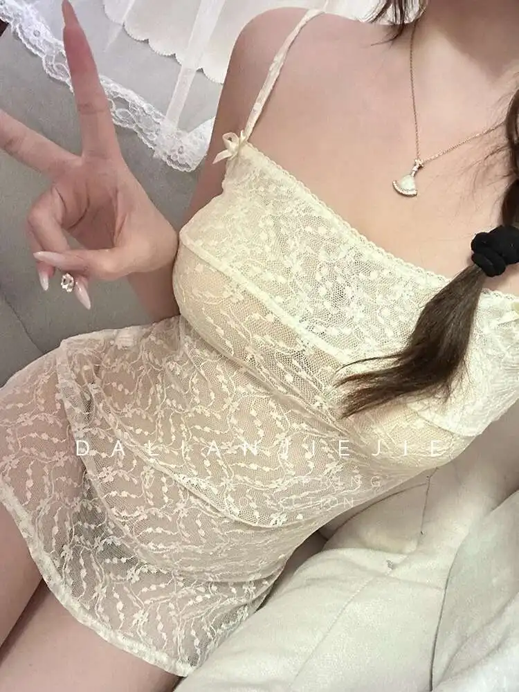 Womengaga 2024 vestido de renda de malha transparente elegante para feminino picante menina sexy split vestido curto slash neck sheer topos amm2