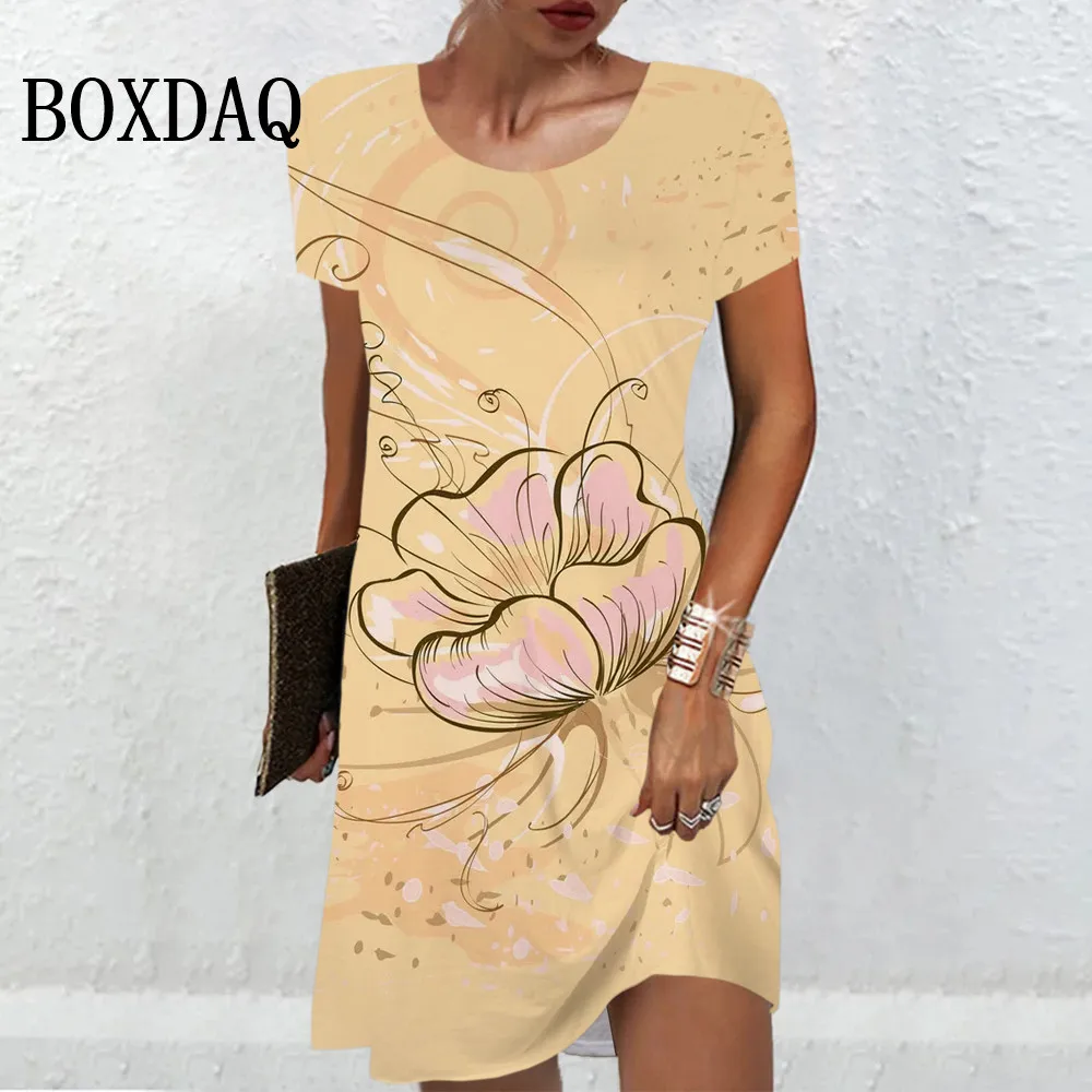 Abstract Painting Of Lotus Flowers Women Dresses For 2024 Summer Retro Short Sleeve 3D Print Dress Casual Fashion O-Neck Clothes