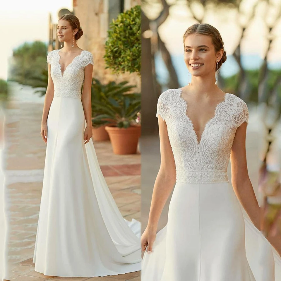 Elegant White V-Neck Appliques Zipper Wedding Dress 2025 A-Line Short Sleeves Floor Length Sweep Train Custom Made Bridal Gown
