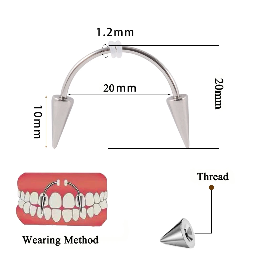 1PC Punk Style Stainless Steel Smiling Tiger Teeth Nail Cone Vampire Zombie Teeth Stud Horseshoe Lip Ring Piercing Jewelry