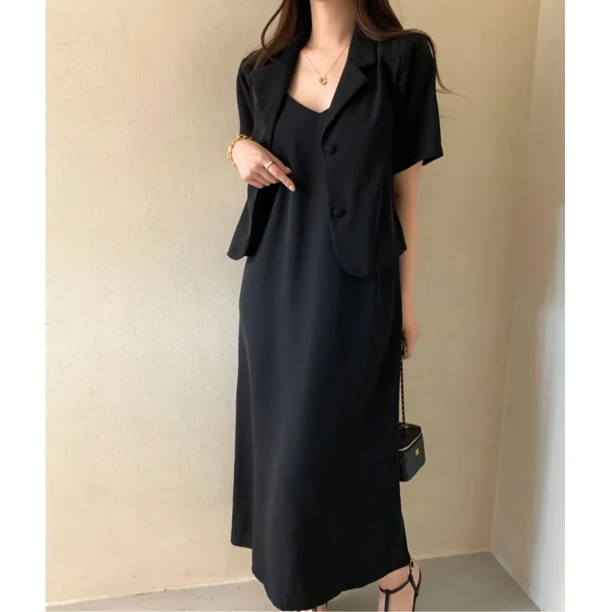 

Summer Simple Unique Outerwear Top Strap Dress Two-Piece Set Casual Style Short Sleeve Hoodie Winter Fashion Women's Set