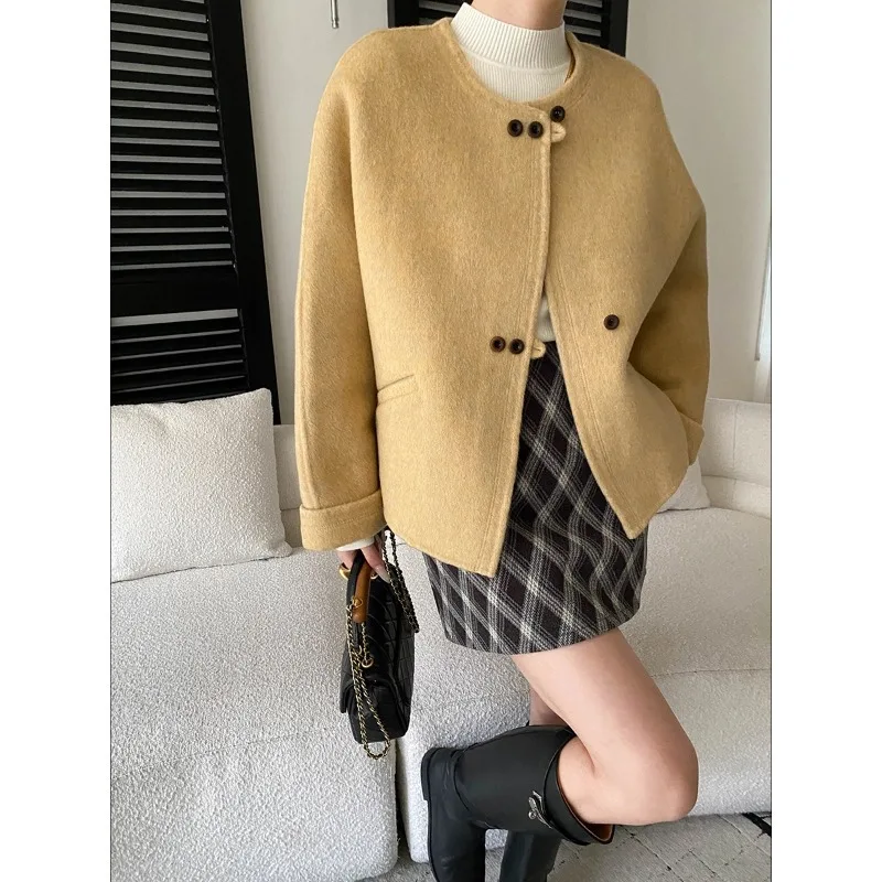 

Elegant O Neck Wool Double-sided Small Fragrance Coat Women Fashion Simple French Commuter Yellow Black Warm Loose Woolen Coat
