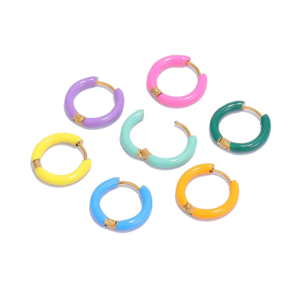 1 Pair Women Fancy Candy Color Enamel Hoop Earrings Sweet Summer Hoop Huggie Earrings Settings Stainless Steel Jewelry Supplies