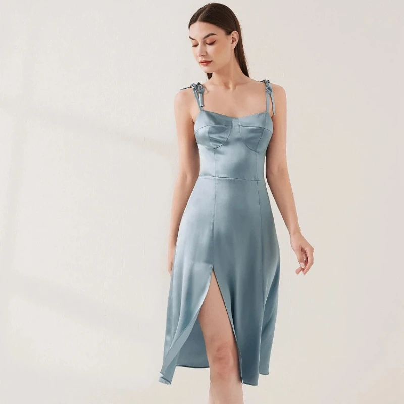 

Retro Elegant 100% Mulberry Silk Lace-up Nightgown Slim Fit Slit Pajama Dress Homewear Slip Chemise Nightdress Loungewear Pajama