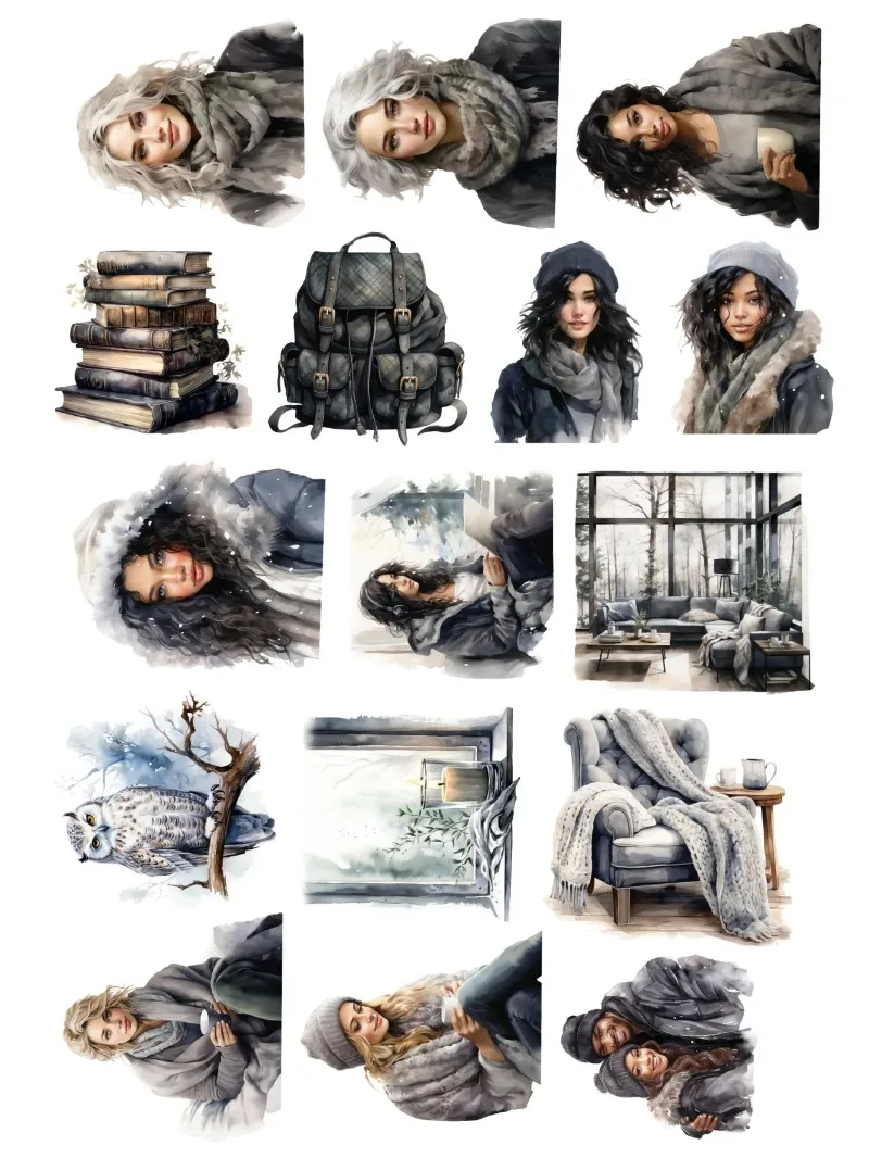16pcs Cute Self-made  Black watercolor winter girl hot coffee Scrapbooking Stickers Decorative/DIY Craft Photo Albums stationery