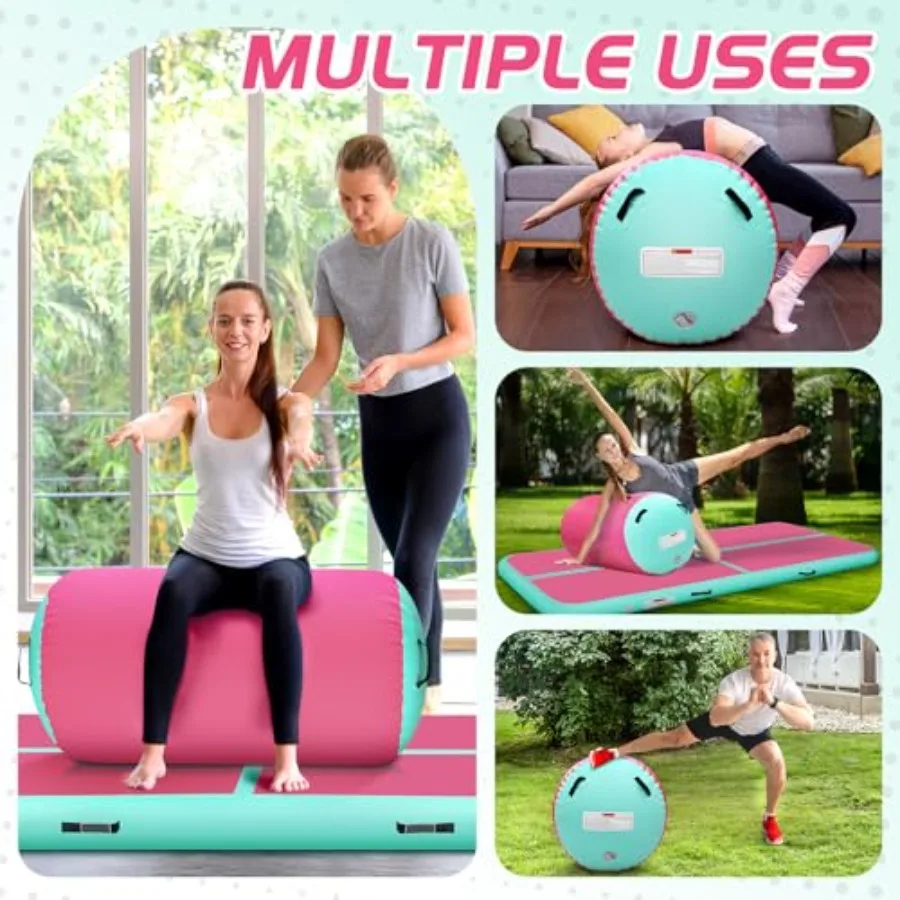 Inflatable Gymnastics Air Roller Barrel for home outdoor gym training cheerleading yoga; PVC material blue; quick-inflate with