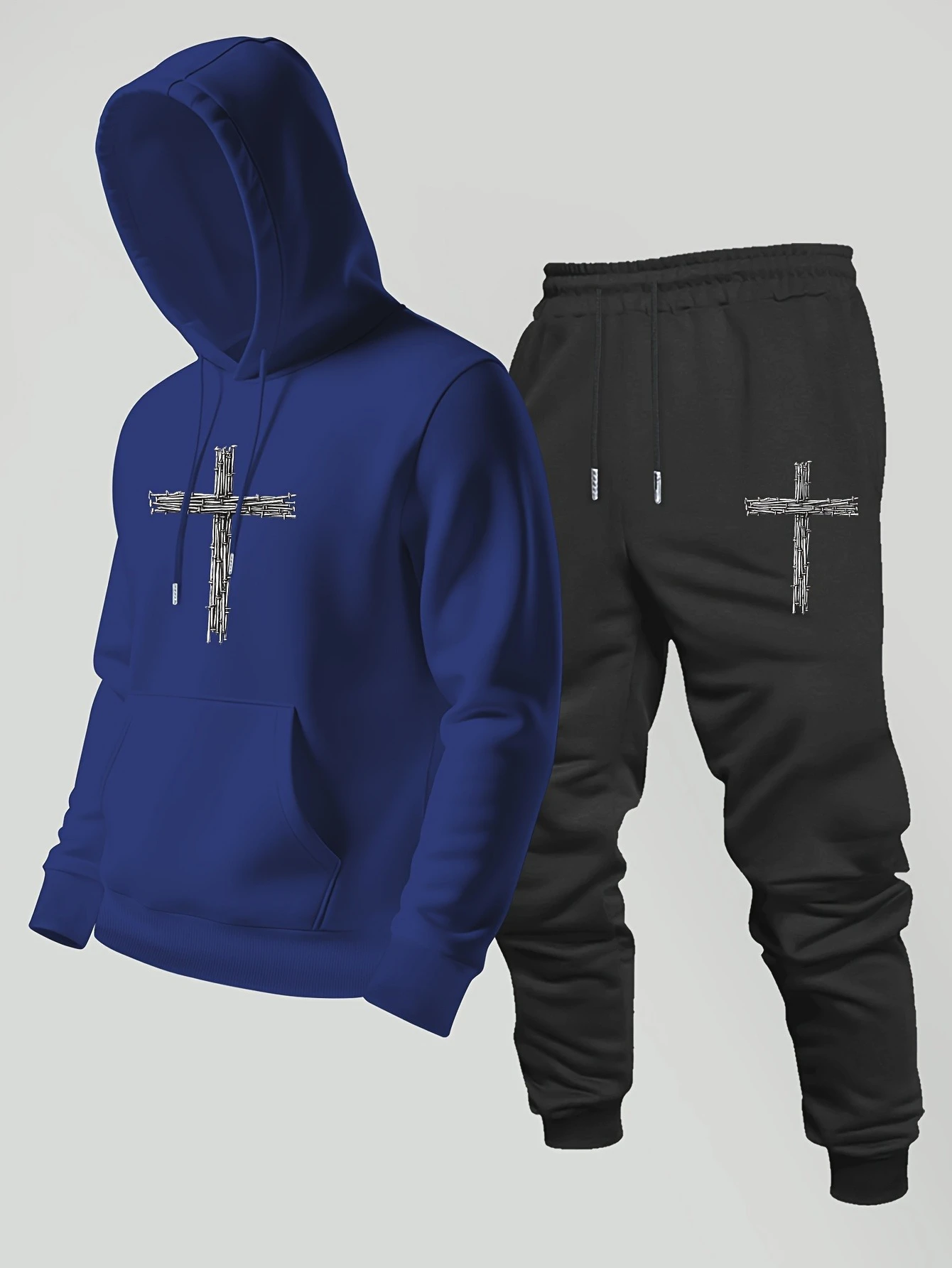 2026 Men Gothic Barbed Wire Cross Print Hoodie & Sweatpants Two Piece Set Oversized Streetwear Casual Tracksuit Sport Suit view 4