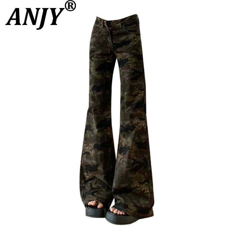 

ANJY Autumn New Women American Style Camouflage Trend Cargo Flared Jeans Fashion Versatile Non-Skinny Bootcut Denim Pants A12050