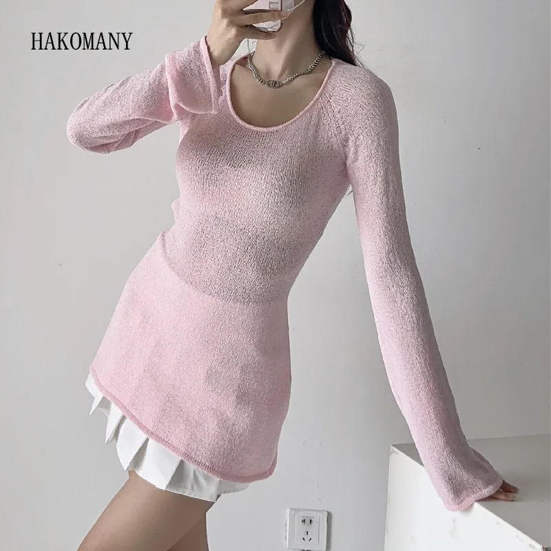 

Women Full Sleeve Loose Knitted Thin Sweater Jumper Holiday Sexy O neck See Through Hollow out Hole Backless Pullover Sweater