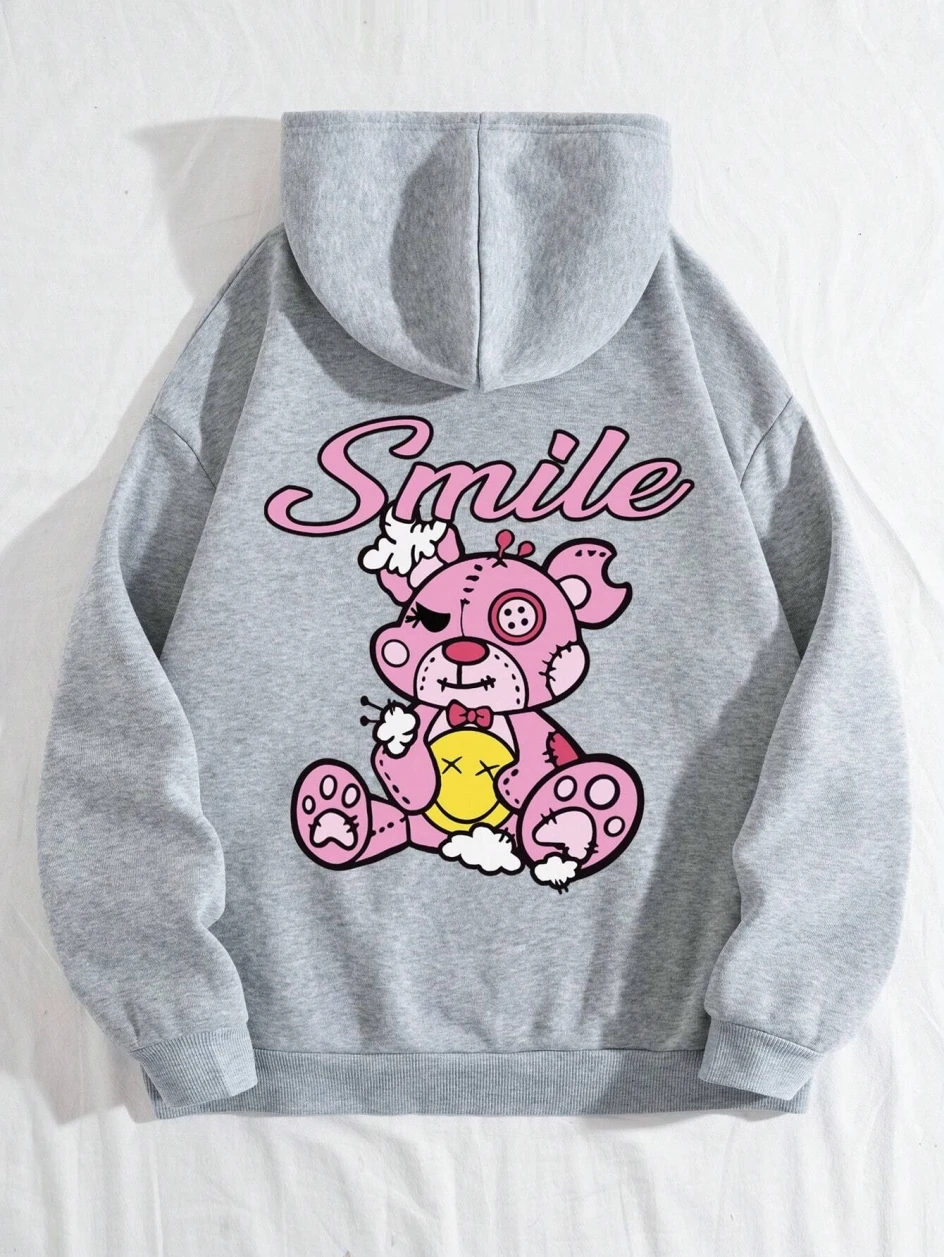 Sporty Women\'s Sweatshirt Kawaii Mending Smile Teddy Bear Printed Streetwear Long Sleeve Pocket Hoodie Comfortable Streetwear