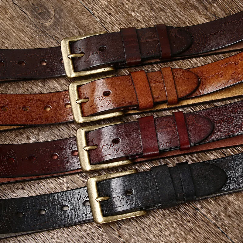 3.8CM Laser Carved Vegetable Tanned Belt For Men's Genuine Leather Top Layer Cowhide Retro Trend Copper Buckle Belt For Men