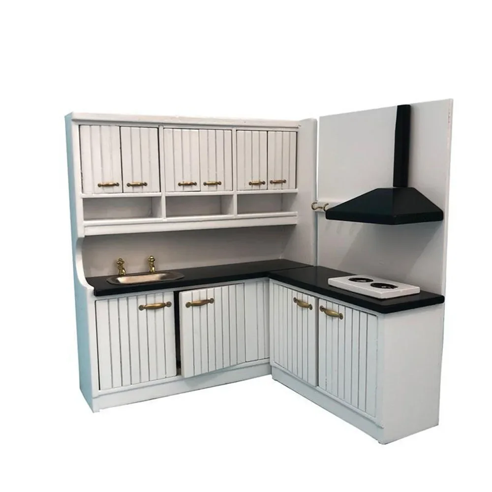 1/12 Dollhouse Mini Wooden Washbasin Range Hood Cabinet Table Chair Set Kitchen Furniture Toy Doll House Accessories Decoration