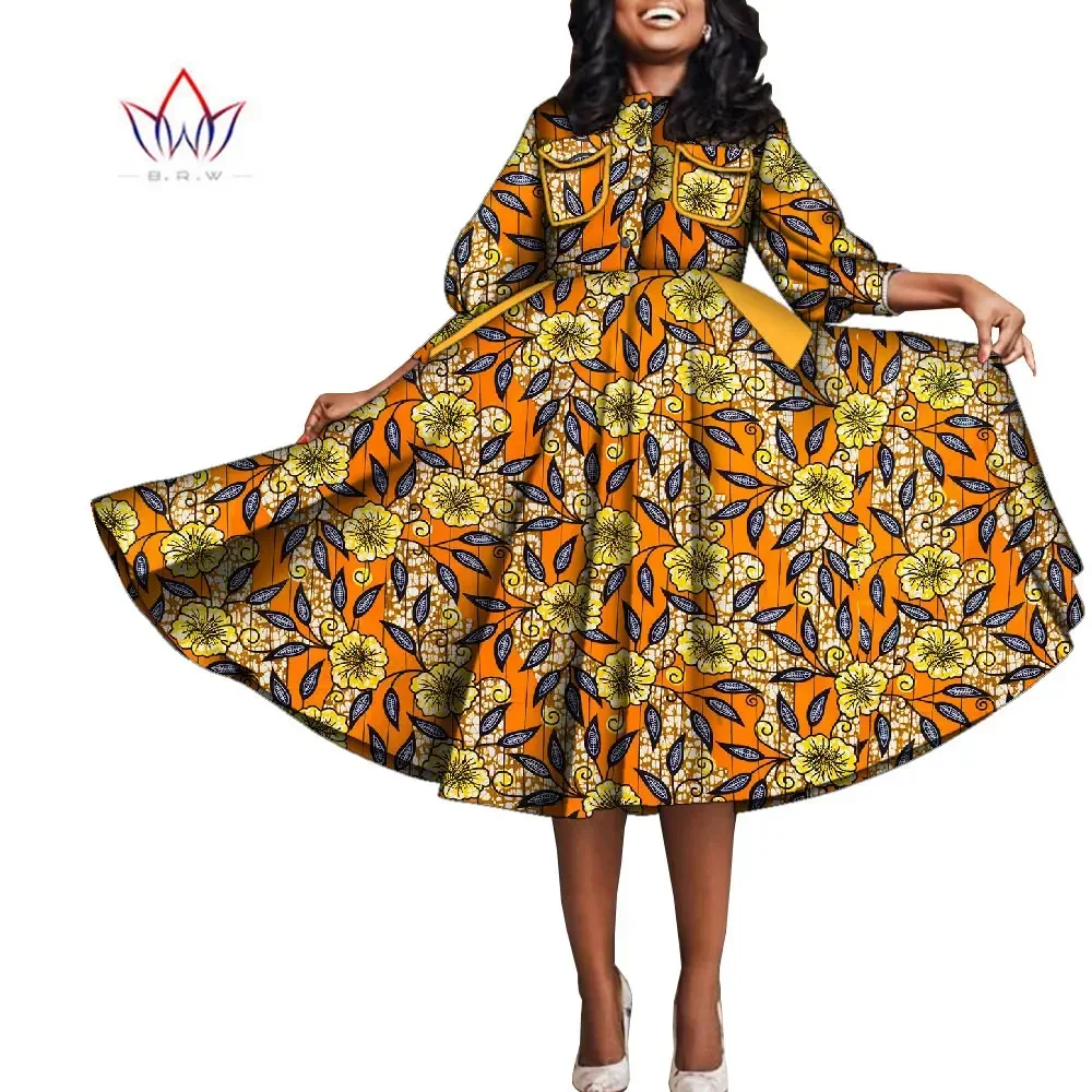 

Bintarealwax African Women Dresses 2022 Fashion Three Quarter Sleeves Clothes Bazin Riche Plus Size Mid-Calf Dress WY9773