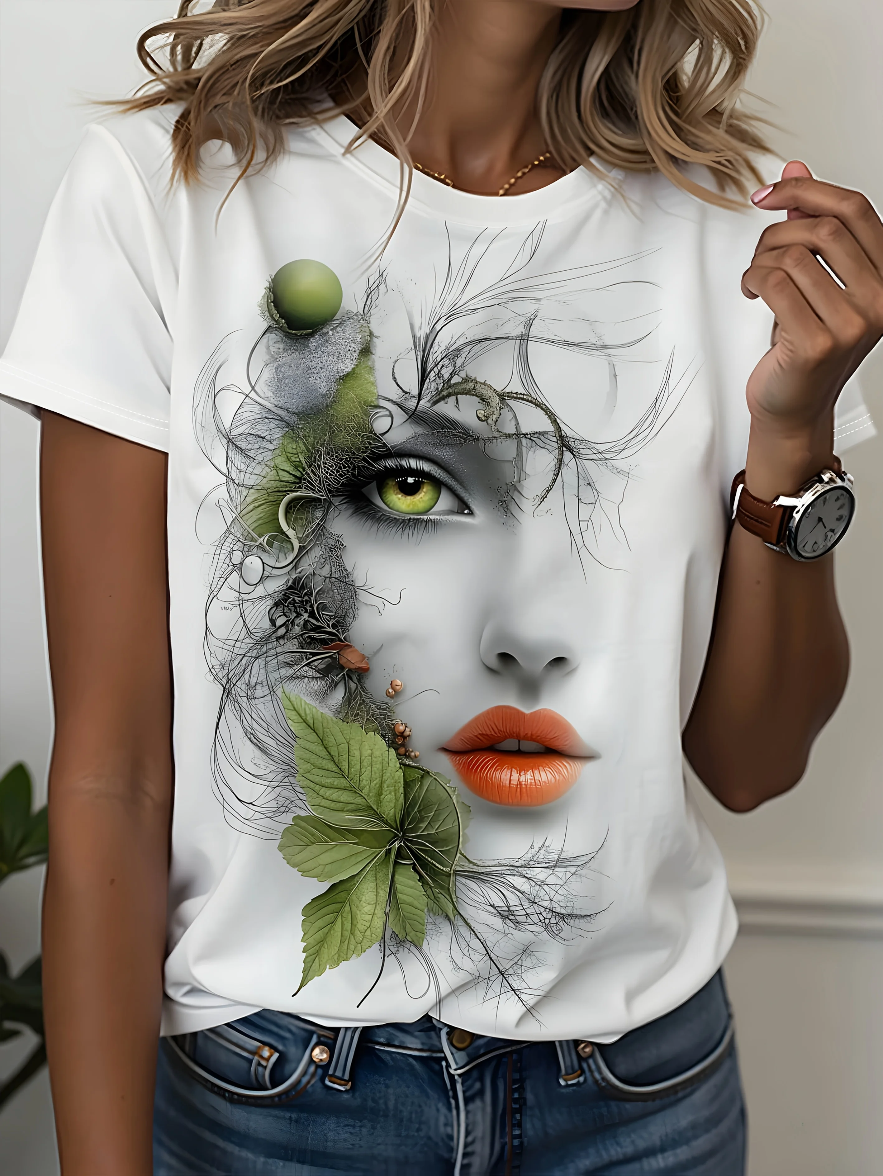 

Women's Unique Plant Face Print Art Round Neck Short Sleeve T-shirt with Green Leaves and Vines Fashionable Creative Design