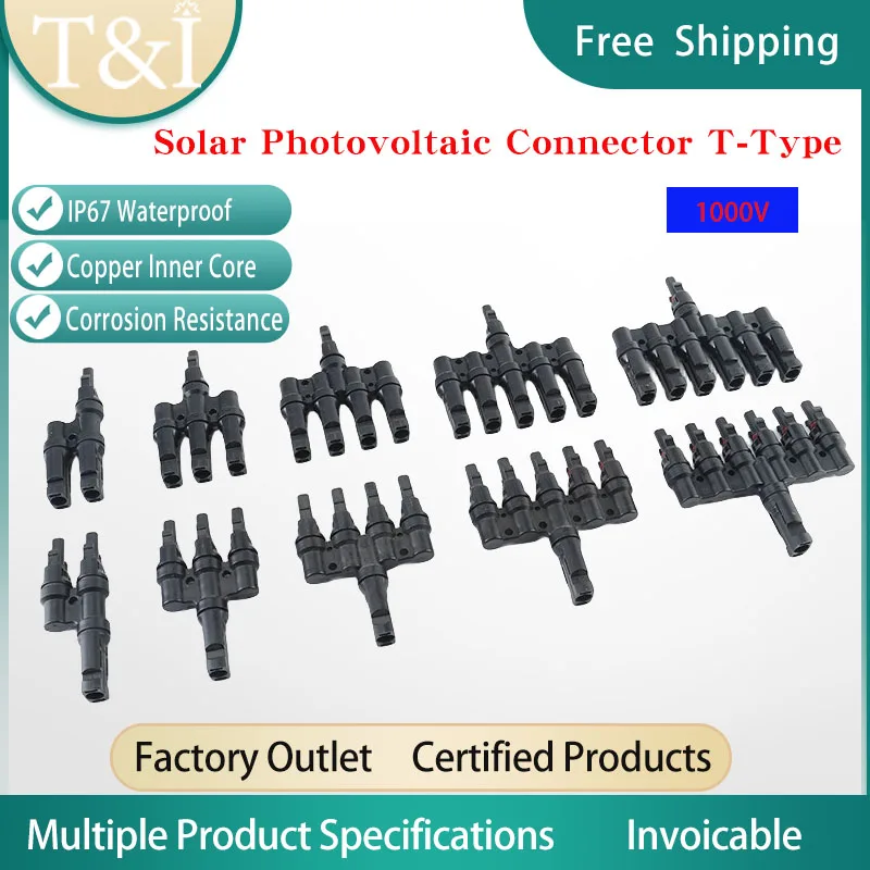 

1/5/20/100 Sets Solar Photovoltaic Connector T-Type 3WAY/4WAY/5WAY/6WAY/7WAY IP67 Waterproof Male Female Adapter 1000V