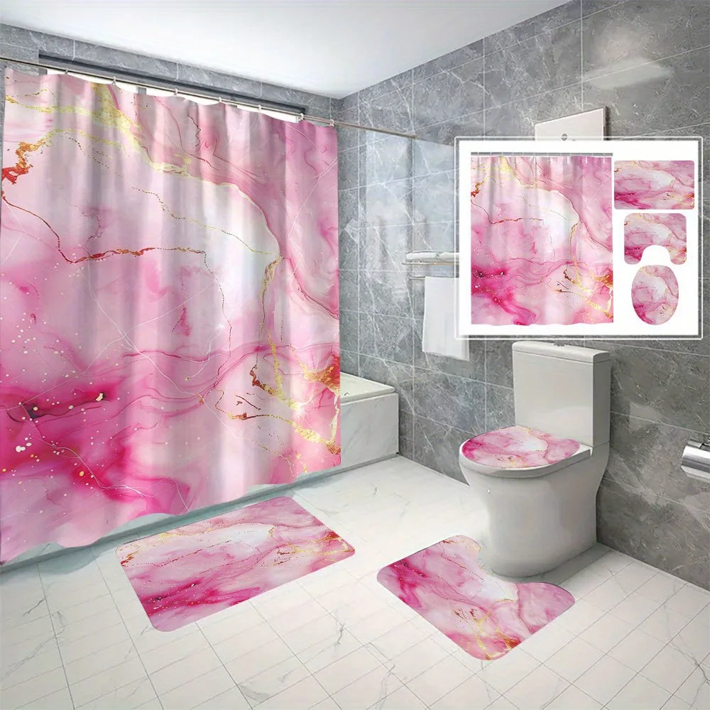 

4 шт., розовая мраморная занавеска для душа из полиэстера с цифровой печатью, перегородка без перфорации, набор для ванной комнаты, можно стирать в машине для ванной комнаты