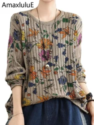 Amax luluE Printed Winter Females Striped O Neck Jumpers Casual Vintage Classic Luxury Sweaters Cotton Loose Oversized Pullovers