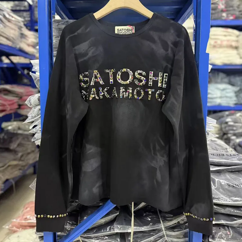 Satoshi Nakamoto Long Sleeved T-shirts Black Round Neck Trendy Color Rhinestone Retro Waffle Tops Men Women Stock