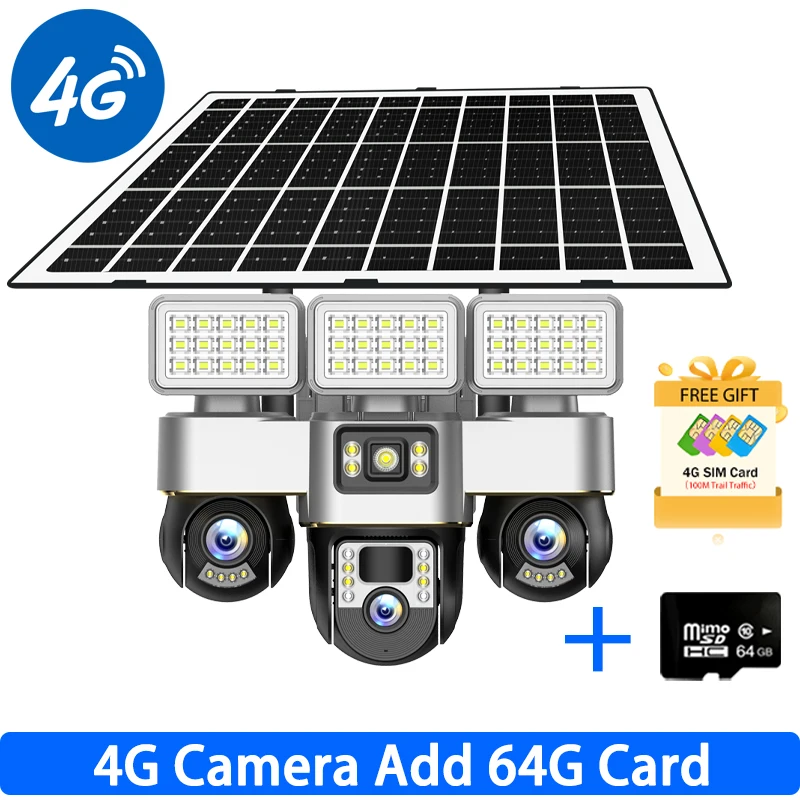 V380 15MP HD Solar Camera met drie lenzen Schijnwerper 4G Buitenbatterij Huisbewaking PTZ Rotatie Beveiligingscamera's