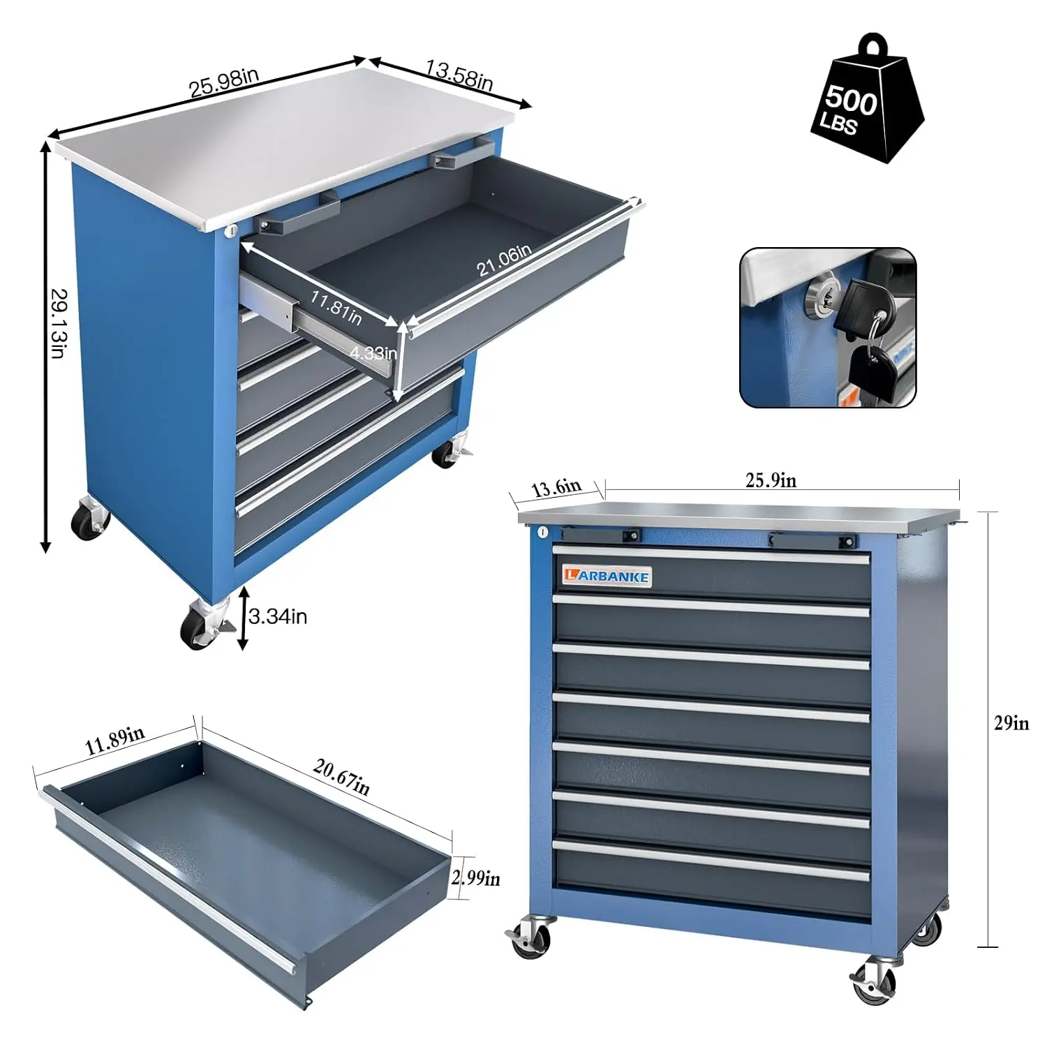 7+5 Drawer Tool Cabinet & Chest Rolling 360 Brake Wheels Padded Feet Blue, Customized
