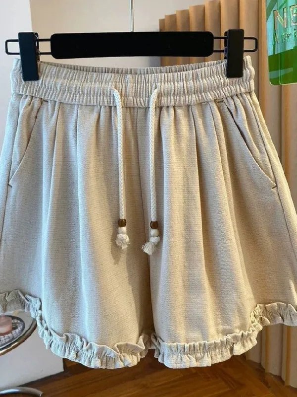 

plus Size Women's Casual Shorts Elastic Waist Drawstring Wood Grain Summer Loose Wide Leg Pants Breathable Cotton