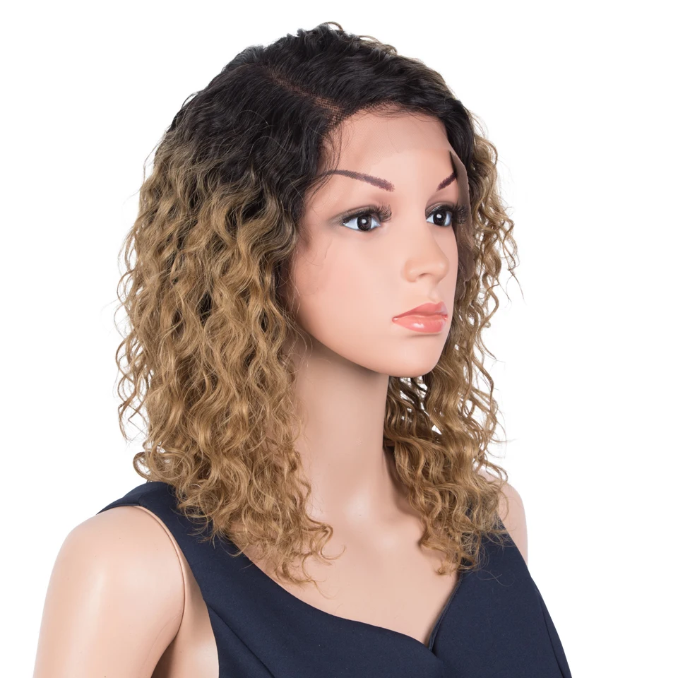 Trueme-Perruque Bob Lace Front Brésilienne Naturelle Bouclée, Cheveux Ondulés, Brun Ombré, pour Femme