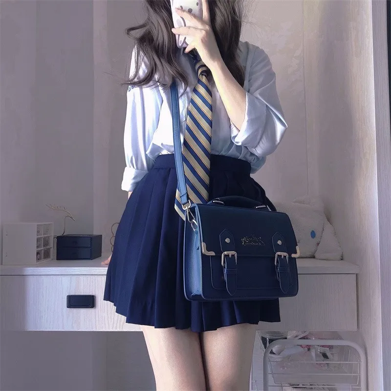 Japanese Lolita Style JK Uniform Shoulder School Bags For Women Girls Pu Leather Large Capacity Casual Luggage Handbags Totes